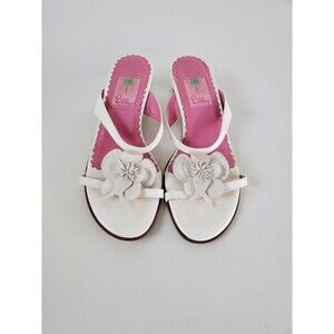Lilly Pulitzer White Leather Flower Kitten Heel Sandals Size 8.5